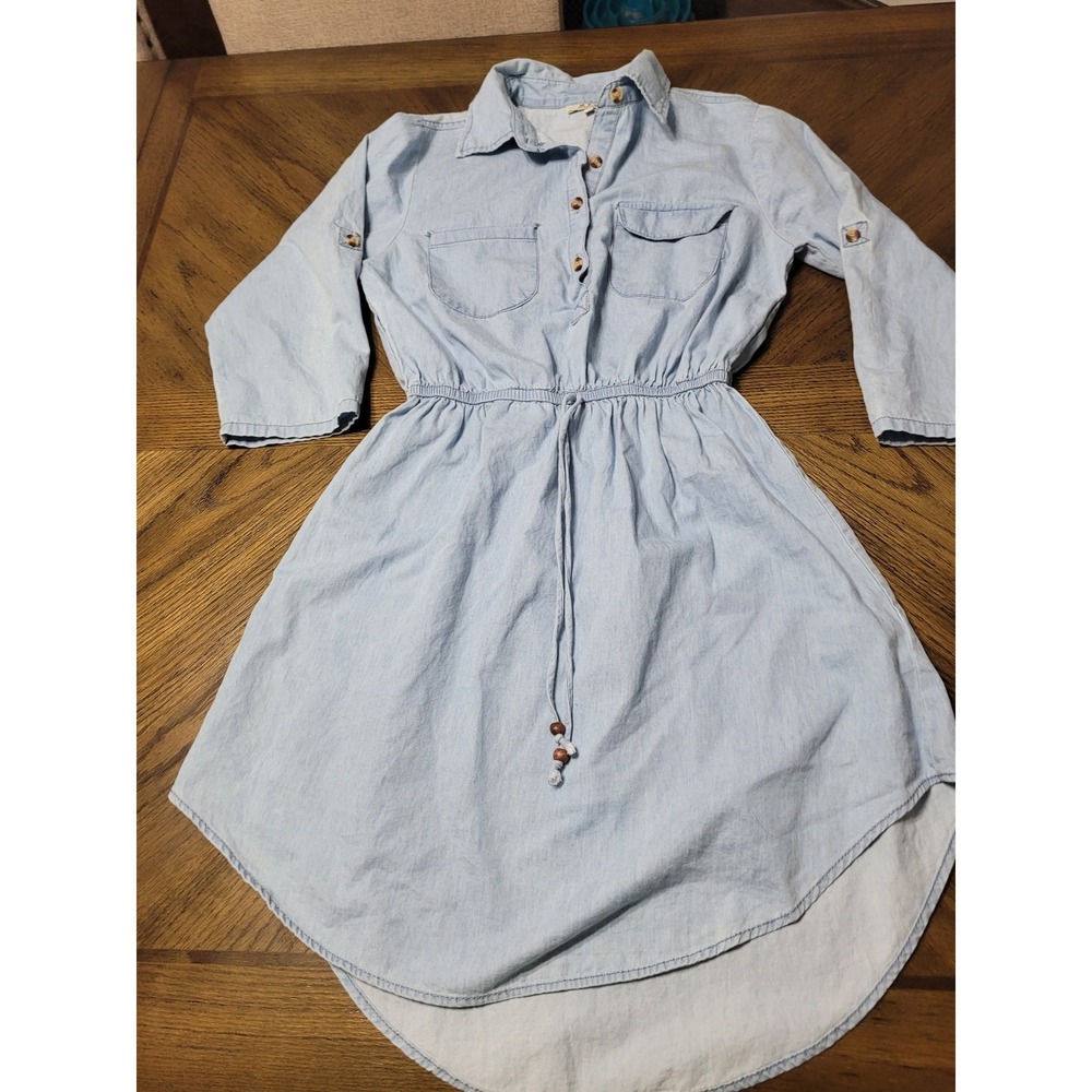MPH Collection Light Wash Denim Shirtdress Button Front Drawstring Waist‎ Midi